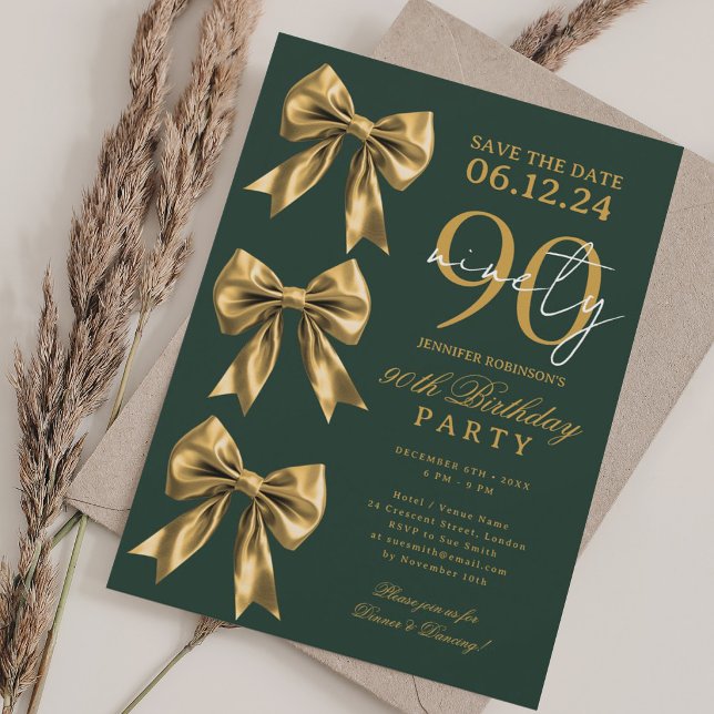 Invitación Cinta Coqueta Dorada Guardar Fecha Cumpleaños 90 (Gold Coquette Bow Save Date 90th Birthday Green Invitation)