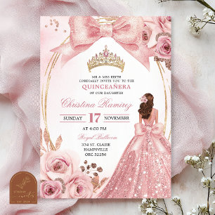 Invitación Cinta Coqueta Rosa Dorada Princesa Quinceañera