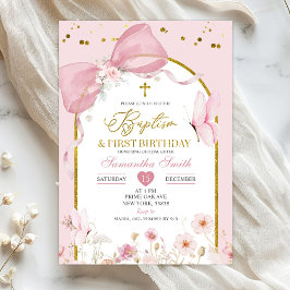 Invitación Cinta Coqueta Rosa Pálido Bautizo y 1er Cumpleaños