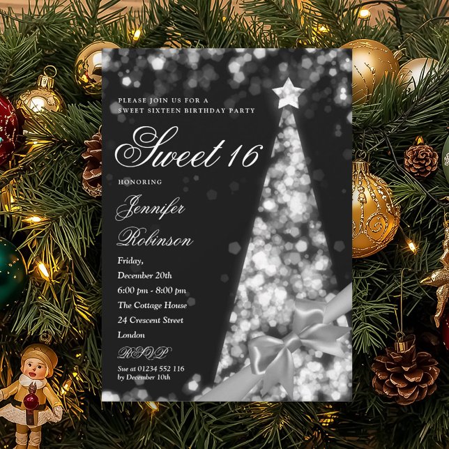 Invitación Cinta de árbol de Navidad de plata moderna Cumplea (Modern Silver Xmas Tree Ribbon Sweet 16 Birthday Invitation)