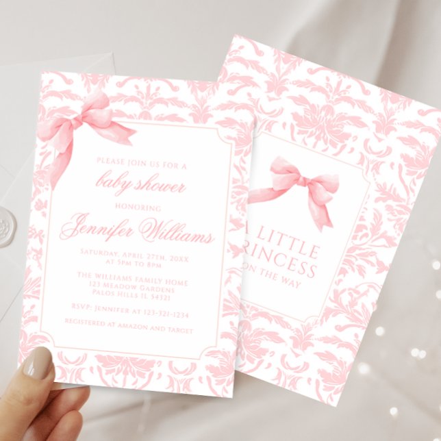 Invitación Cinta de arco de damasco rosado suave para bebé du (Subido por el creador)