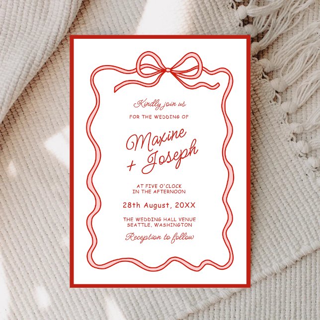 Invitación Cinta de Arco Dibujada a Mano Roja Boceto Boda (Red hand drawn bow ribbon wedding invitation adds charming elegance to your special day.)