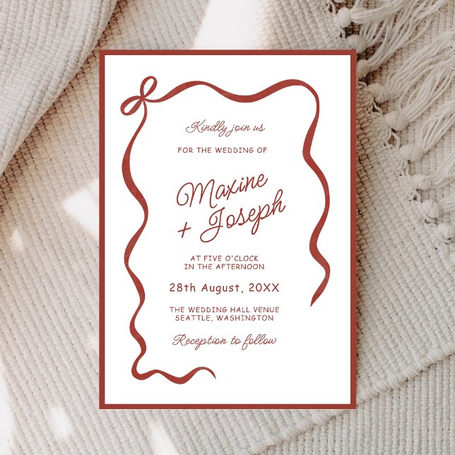 Invitación Cinta de Arco Dibujada a Mano Roja Boceto Boda (Red hand drawn bow ribbon wedding invitation creates a warm and memorable first impression.)