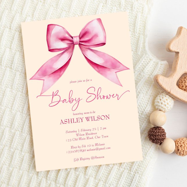 Invitación Cinta de arco rosa bebé ducha linda elegante (Pink bow ribbon baby shower cute elegant invitation template digital download vintage bow blush pink)