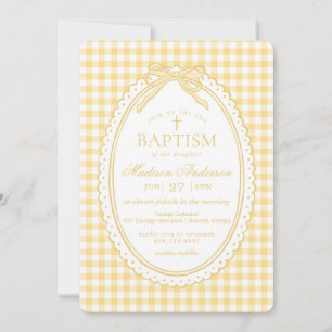 Invitación Cinta de Bautizo Coqueta de Gingham Amarillo