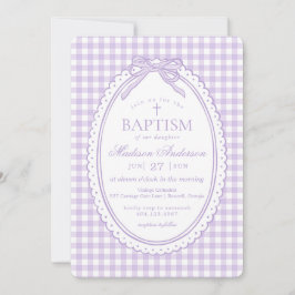 Invitación Cinta de Bautizo Coqueta de Gingham Púrpura