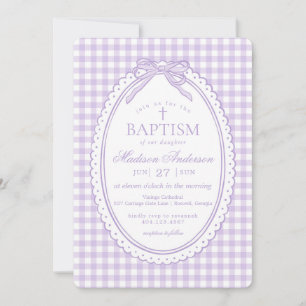 Invitación Cinta de Bautizo Coqueta de Gingham Púrpura