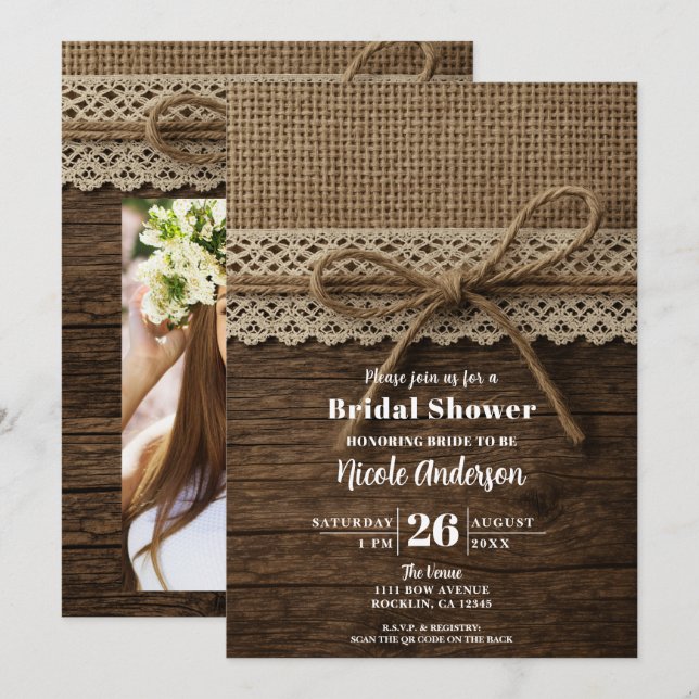 Invitación Cinta de cáñamo rústica Madera y encaje para Desay (Anverso / Reverso)