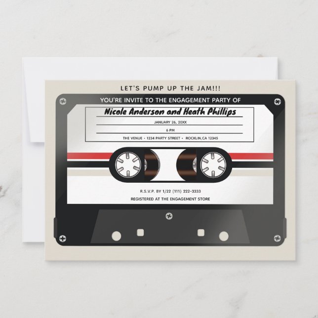 Invitación Cinta de Casete Retro Beige Gris Compromiso de los (Anverso)
