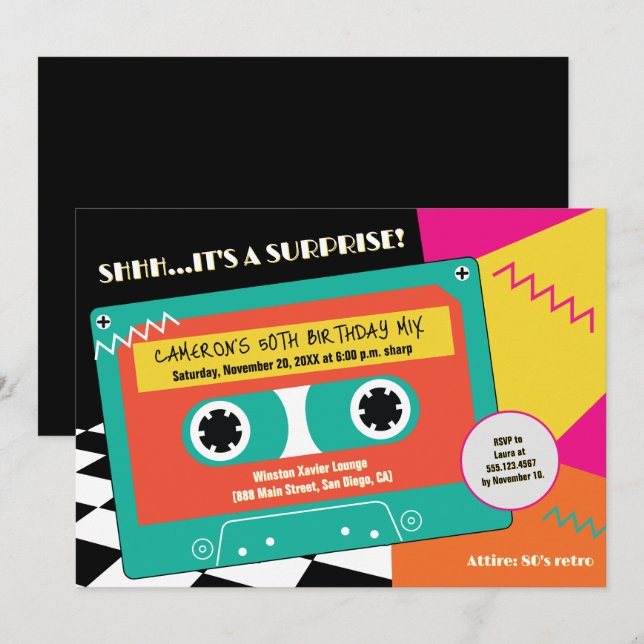 Invitación Cinta de Casete Sorpresa Cumpleaños 50 Retro 80s (Anverso / Reverso)