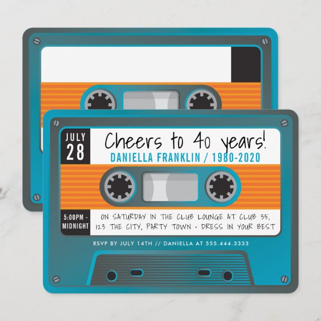 Invitación CINTA DE CASSETTE cumpleaños disco moderno azul ac (Anverso / Reverso)