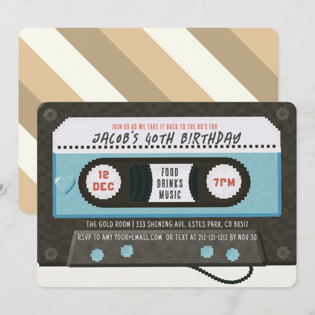 Invitación Cinta de Cassette de Retro 80 Cumpleaños Azul (Anverso / Reverso)