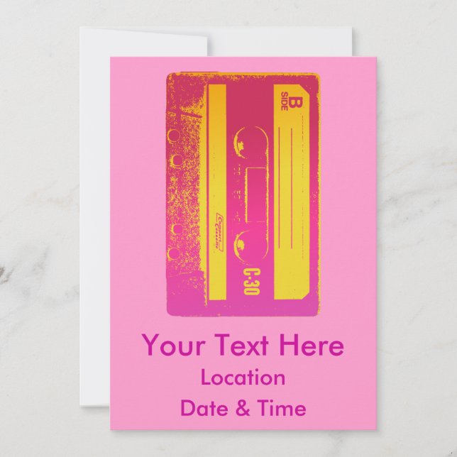 Invitación Cinta de cassette rosa y amarillo retro (Anverso)