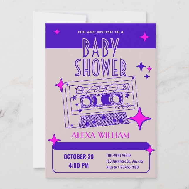 Invitación Cinta de cinta de música retro para bebé ducha (Anverso)