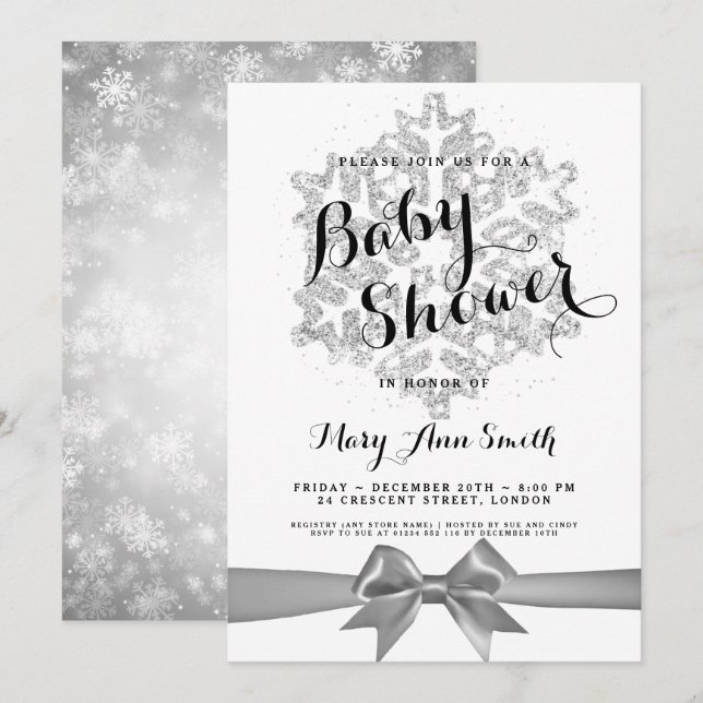 Invitación Cinta de copo de copo de nieve Purpurina Silver de (Anverso / Reverso)