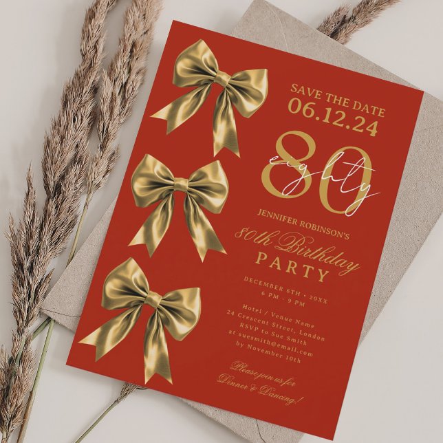 Invitación Cinta de Coqueta de Oro Guardar Fecha 80 Cumpleaño (Gold Coquette Bow Save Date 80th Birthday Red Invitation)