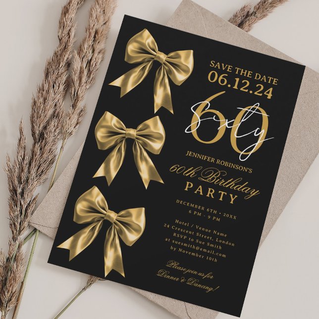 Invitación Cinta de Coqueta de Oro Guardar Fecha Cumpleaños 6 (Gold Coquette Bow Save Date 60th Birthday Black Invitation)