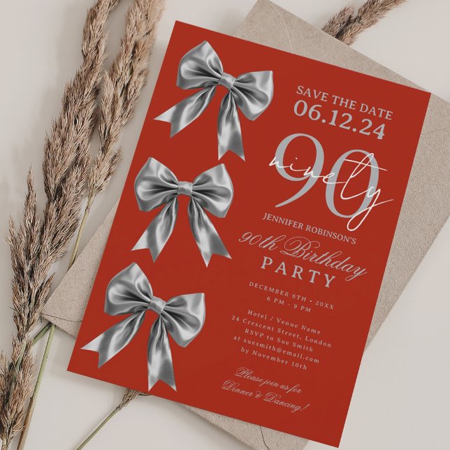 Invitación Cinta de Coqueta de Plata Guardar Fecha 90 Cumplea (Silver Coquette Bow Save Date 90th Birthday Red Invitation)