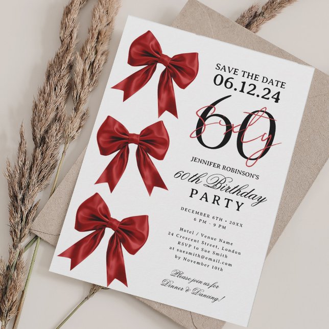 Invitación Cinta de Coqueta Roja Guardar Fecha Fiesta de Cump (Red Coquette Bow Save Date 60th Birthday Party Invitation)