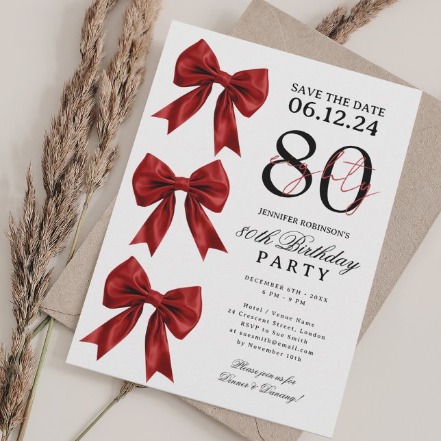 Invitación Cinta de Coqueta Roja Guardar Fecha Fiesta de Cump (Red Coquette Bow Save Date 80th Birthday Party Invitation)