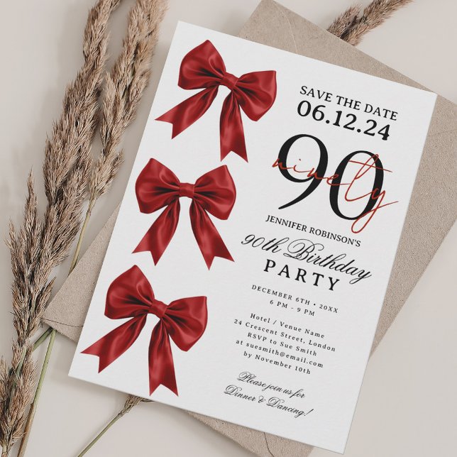 Invitación Cinta de Coqueta Roja Guardar Fecha Fiesta de Cump (Red Coquette Bow Save Date 90th Birthday Party Invitation)