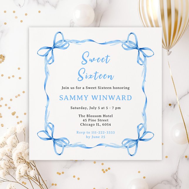 Invitación Cinta de Coquette Azul Dulce Dieciséis (Subido por el creador)