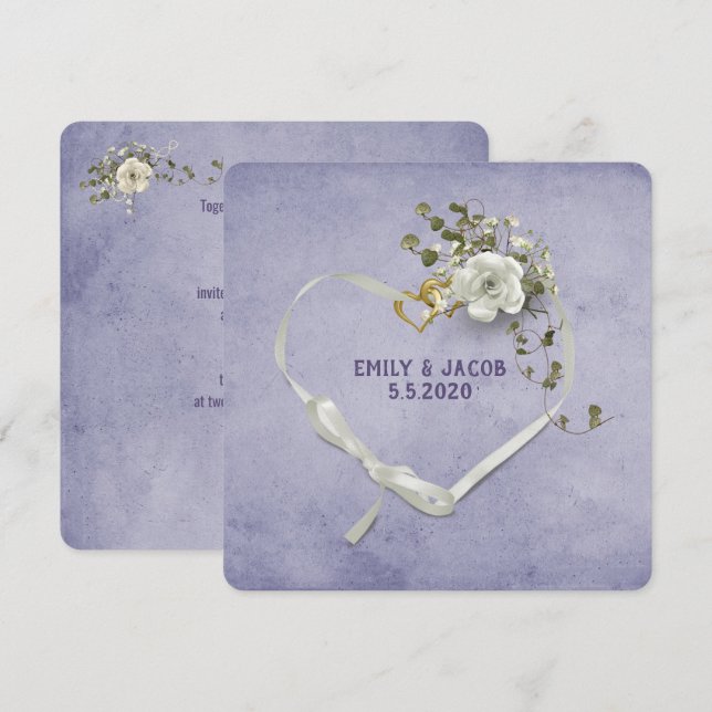 Invitación cinta de corazón boda y anillos con ramo de rosa (Anverso / Reverso)