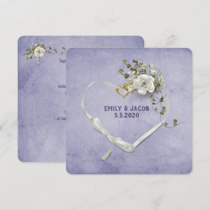 Invitación cinta de corazón boda y anillos con ramo de rosa