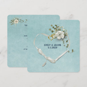 Invitación cinta de corazón boda y anillos con ramo de rosa