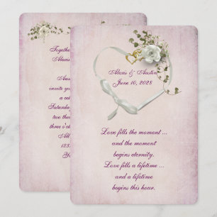 Invitación Cinta de corazón y anillos de boda sobre rosa