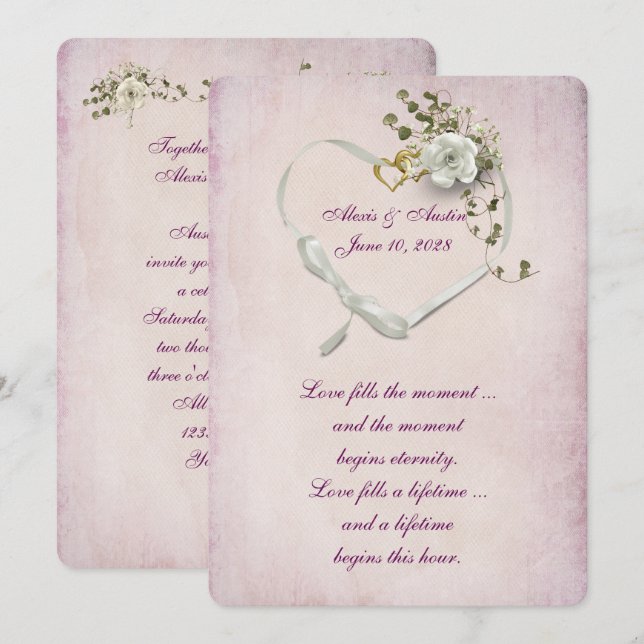 Invitación Cinta de corazón y anillos de boda sobre rosa (Anverso / Reverso)