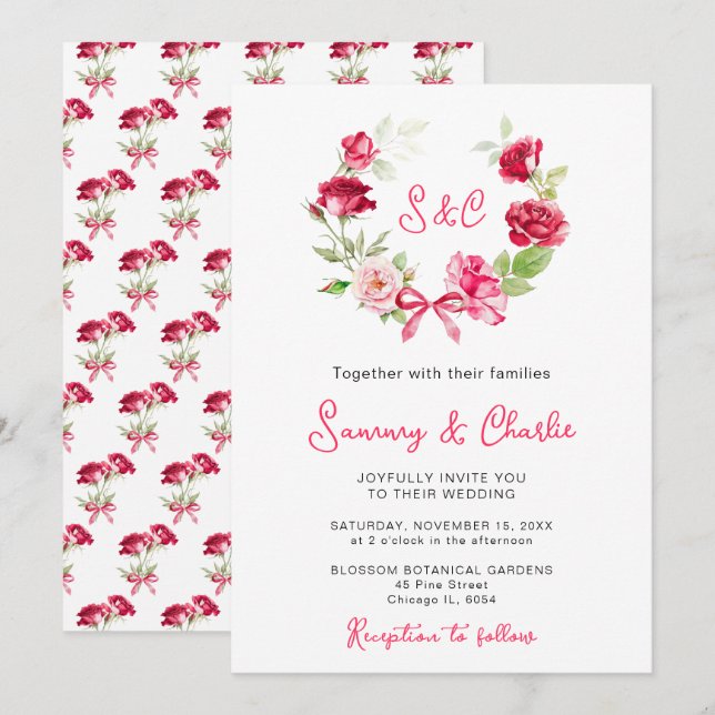 Invitación Cinta de Corona de Boda de Rosa Roja (Anverso / Reverso)