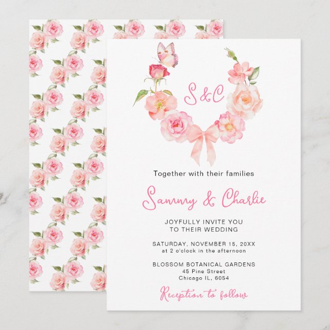 Invitación Cinta de Corona de Rosas Rosa Rubor Boda (Anverso / Reverso)