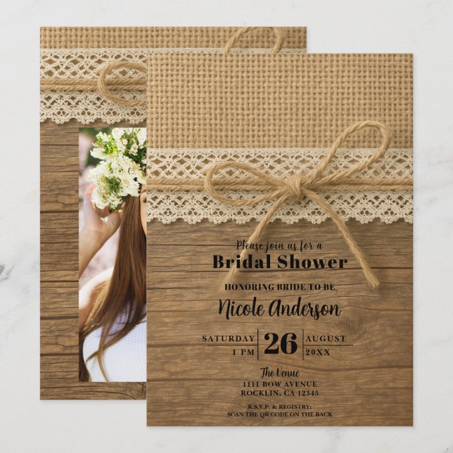 Invitación Cinta de Cuerdas Rústicas Madera y Encaje Despedid (Anverso / Reverso)