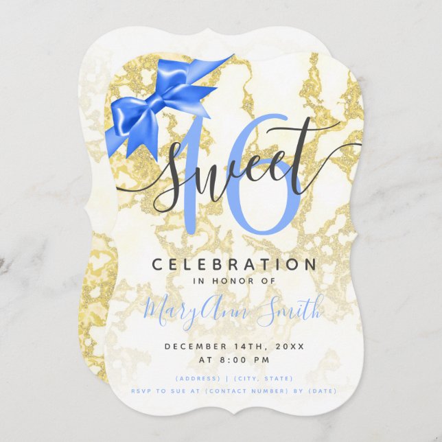 Invitación Cinta de cumpleaños 16ª Cárcel de mármol azul y or (Anverso / Reverso)