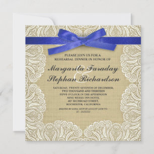Invitación cinta de encaje y cena rústica de ensayo en burlap