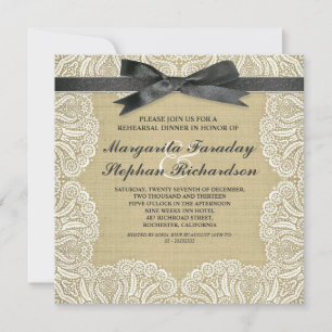 Invitación cinta de encaje y cena rústica de ensayo en burlap