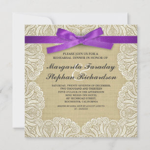 Invitación cinta de encaje y cena rústica de ensayo en burlap