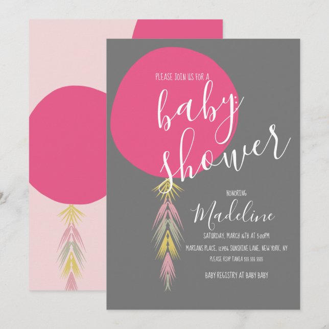 Invitación Cinta de Fiesta de Bebé Niña Globo Boho  (Anverso / Reverso)