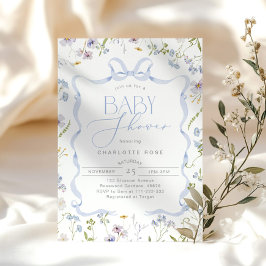 Invitación Cinta de flores silvestres azul Bow marco Baby Boy