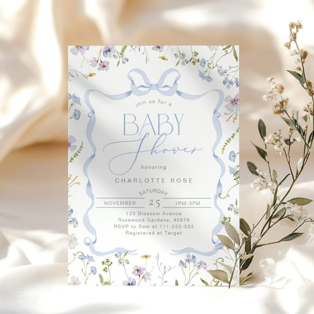 Invitación Cinta de flores silvestres azul Bow marco Baby Boy (Subido por el creador)