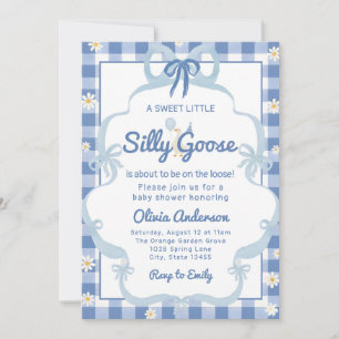 Invitación cinta de gingham de ganso tonto azul acuarela niña