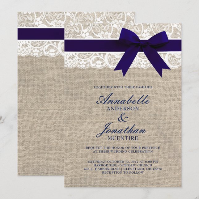 Invitación Cinta de la Armada en Burlap y Boda Rústico de Lac (Anverso / Reverso)