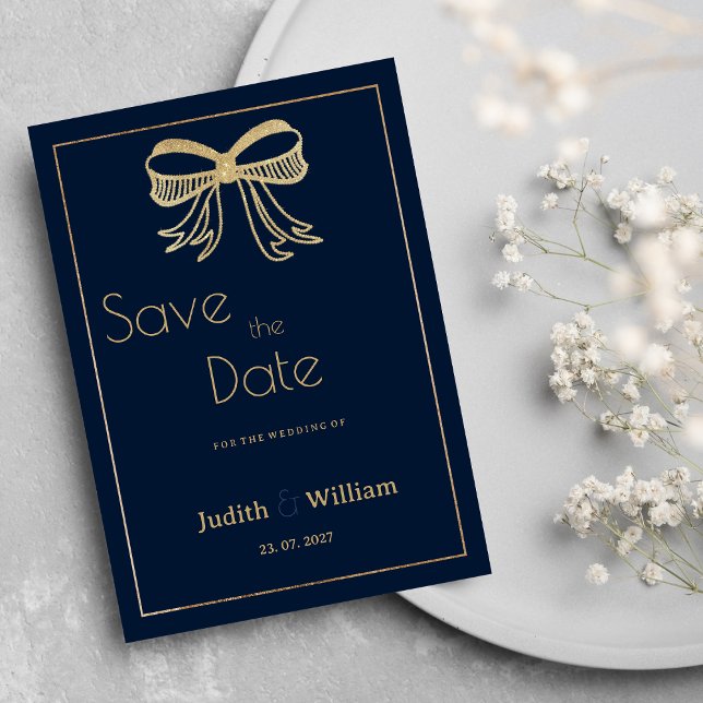 Invitación Cinta de la cabeza del purpurina azul marino Save  (Navy blue gold glitter bow ribbon Save the Date)