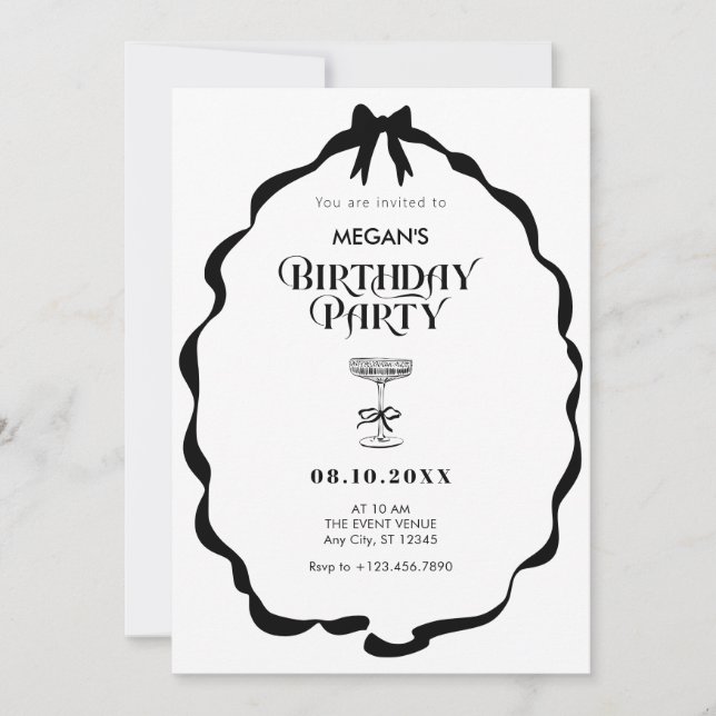 Invitación Cinta de la proa blanca y negra Fiesta de cumpleañ (Anverso)