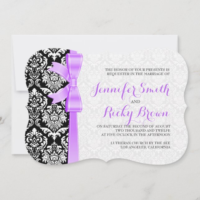 Invitación Cinta De Lavanda Boda De Damascos Blancos Y Negros (Anverso)