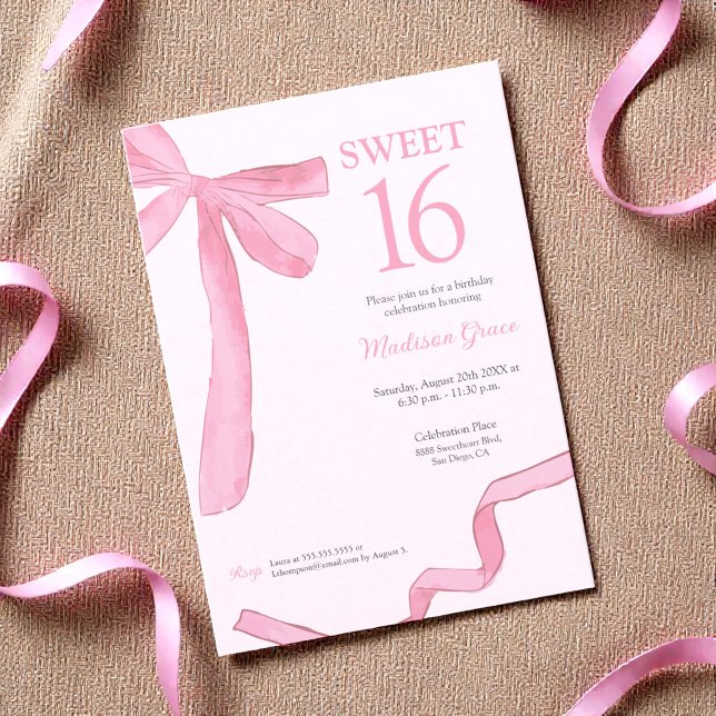 Invitación Cinta de Lazo Coquette Tendance Dulces 16 Rosa Bei (Trendy, coquette pink bow Sweet 16 invitation.)