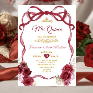 Invitación Cinta de Lazo Floral Borgoña Corona Dorada Mis Qui