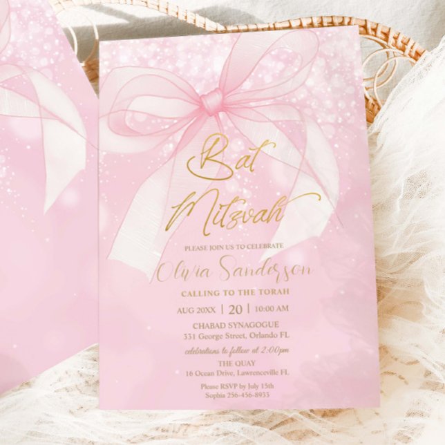 Invitación Cinta de Lazo Rosa Coquette Bat Mitzvah (Subido por el creador)