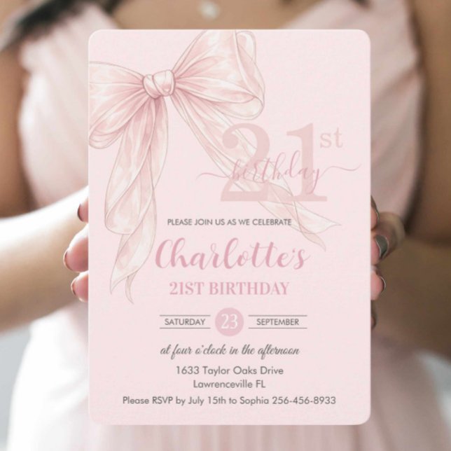 Invitación Cinta de lazo rosa Coquette Blush cumpleaños 21 (Subido por el creador)
